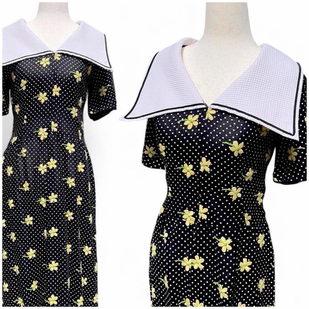 Vintage 80s Floral Embroidered Collar Sailor Dress